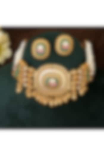 Gold Finish Multi-Colored Stone & Kundan Polki Choker Necklace Set by Beryachi at Pernia's Pop Up Shop