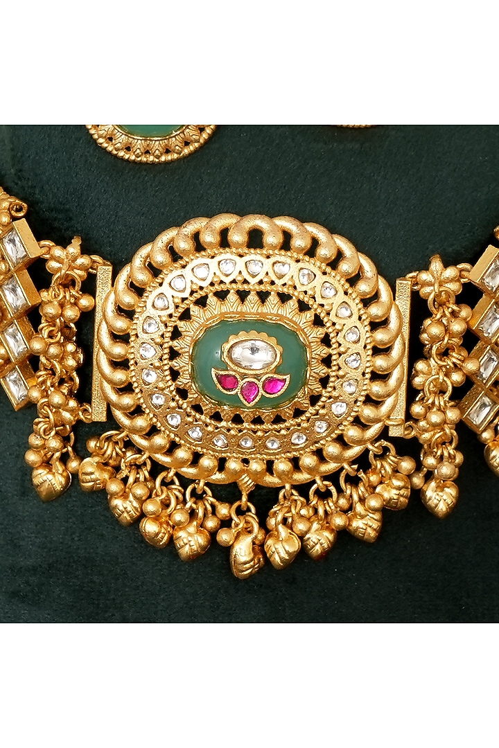 Gold Finish Multi-Colored Stone & Kundan Polki Choker Necklace Set by Beryachi at Pernia's Pop Up Shop