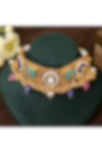 Gold Finish Multi-Colored Stone & Kundan Polki Choker Necklace Set by Beryachi at Pernia's Pop Up Shop