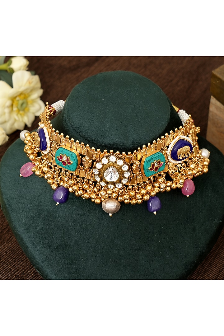 Gold Finish Multi-Colored Stone & Kundan Polki Choker Necklace Set by Beryachi at Pernia's Pop Up Shop