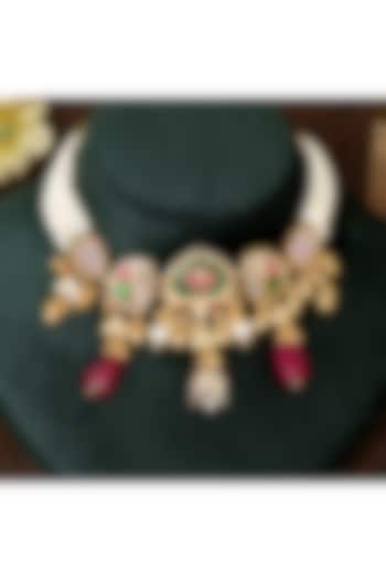 Gold Finish Multi-Colored Stone & Kundan Polki Choker Necklace Set by Beryachi at Pernia's Pop Up Shop