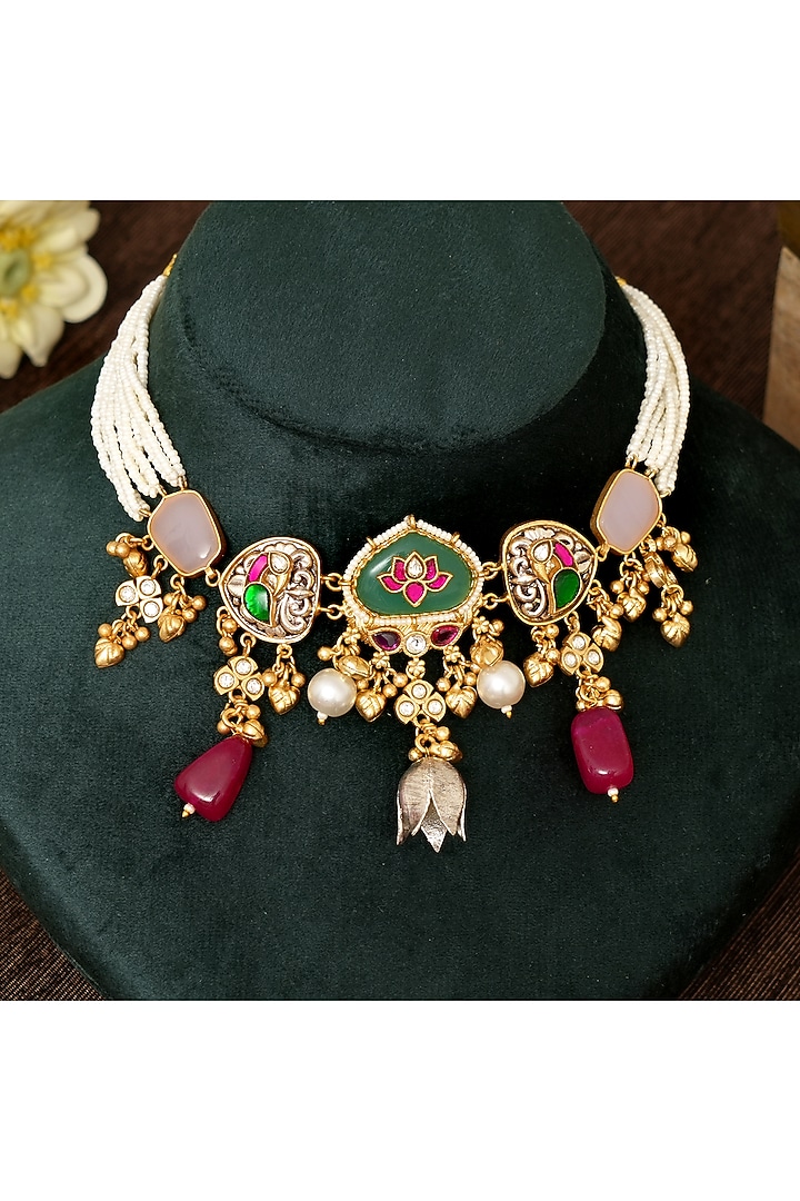 Gold Finish Multi-Colored Stone & Kundan Polki Choker Necklace Set by Beryachi at Pernia's Pop Up Shop