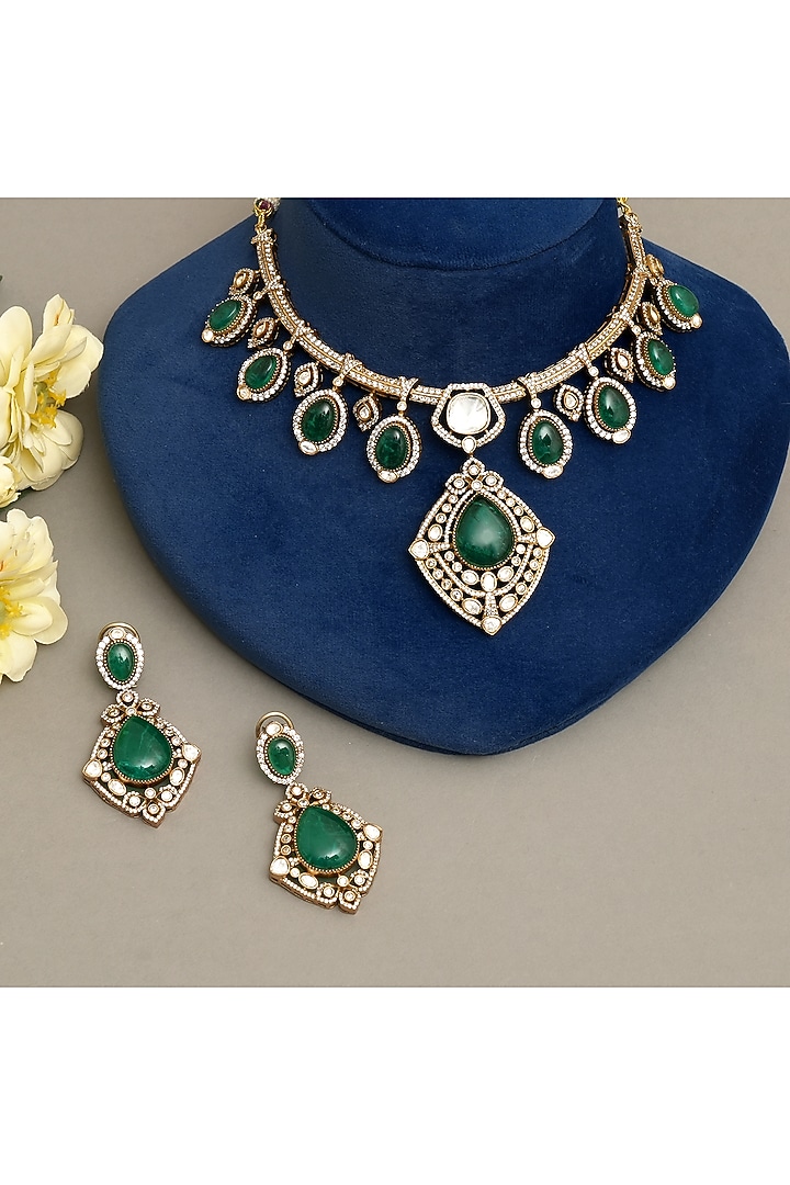 Gold Finish Emerald Stone & Kundan Polki Necklace Set by Beryachi at Pernia's Pop Up Shop
