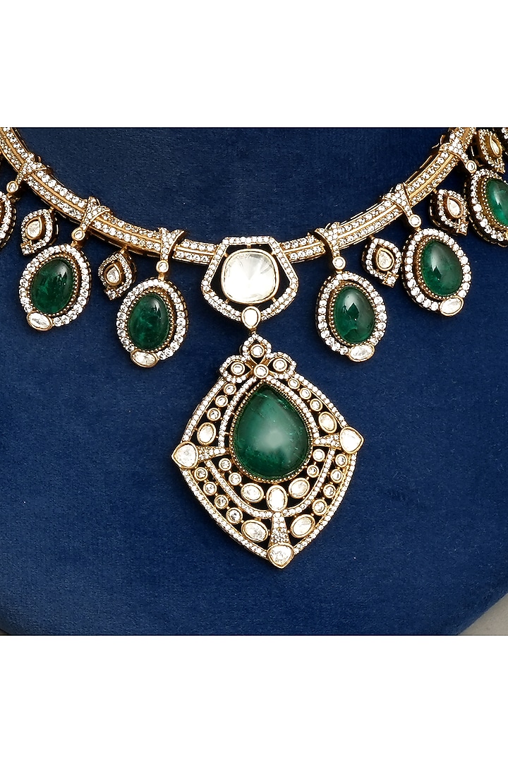 Gold Finish Emerald Stone & Kundan Polki Necklace Set by Beryachi at Pernia's Pop Up Shop
