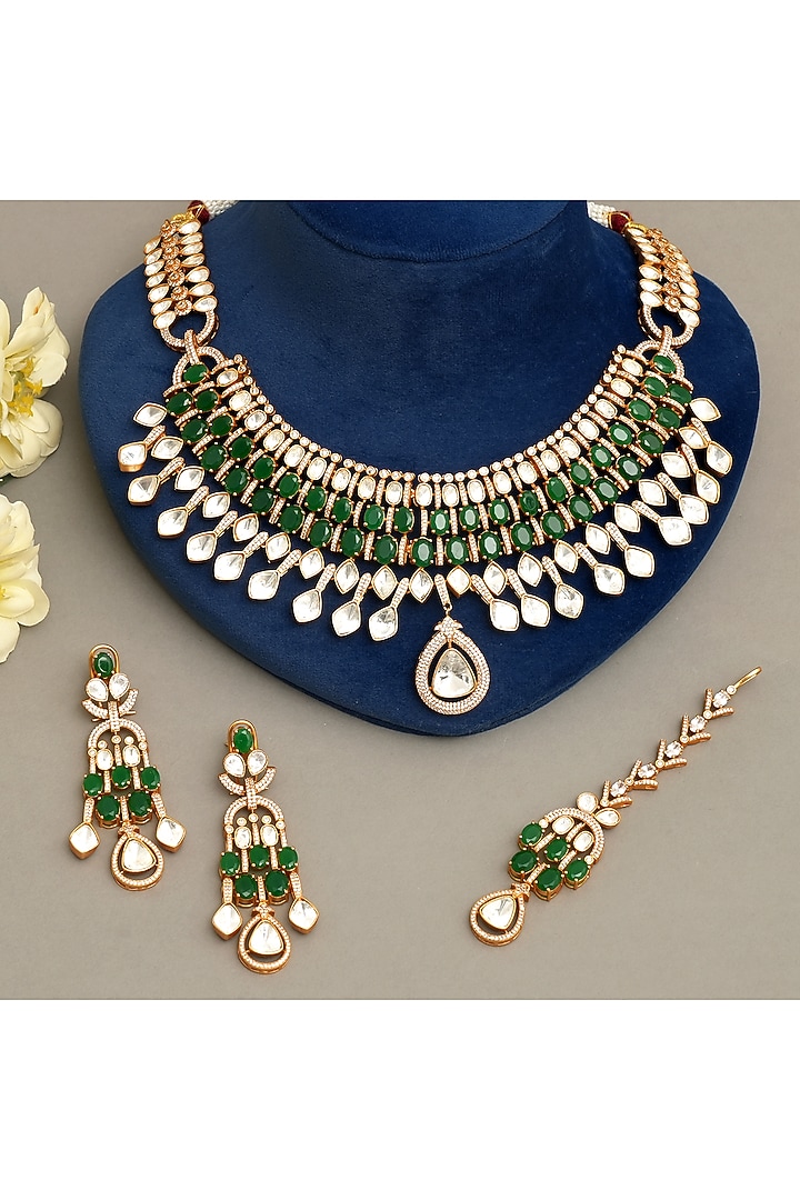 Gold Plated Kundan Polki & Emerald Necklace Set by Beryachi at Pernia's Pop Up Shop