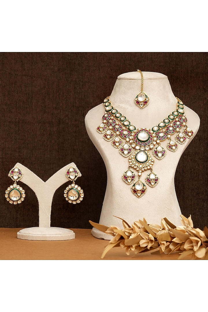 Gold Finish Kundan Polki & Meenakari Work Necklace Set by Beryachi at Pernia's Pop Up Shop