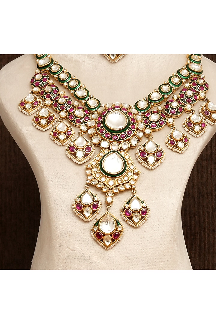 Gold Finish Kundan Polki & Meenakari Work Necklace Set by Beryachi at Pernia's Pop Up Shop