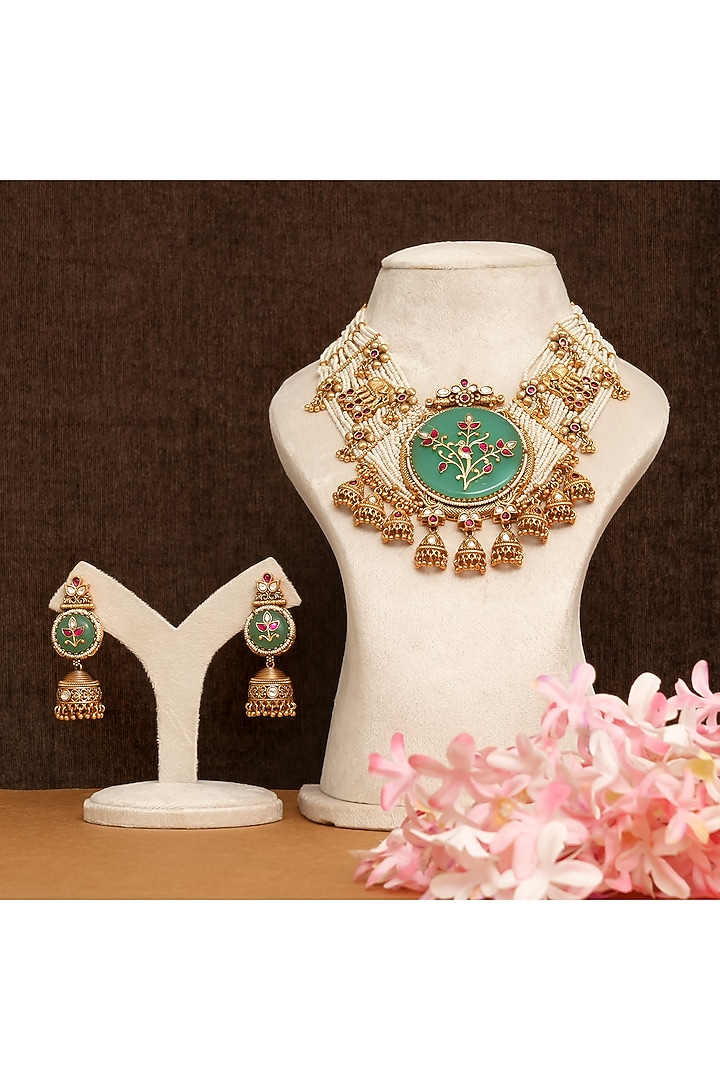 Gold Finish Kundan Polki & Pearl Necklace Set by Beryachi at Pernia's Pop Up Shop