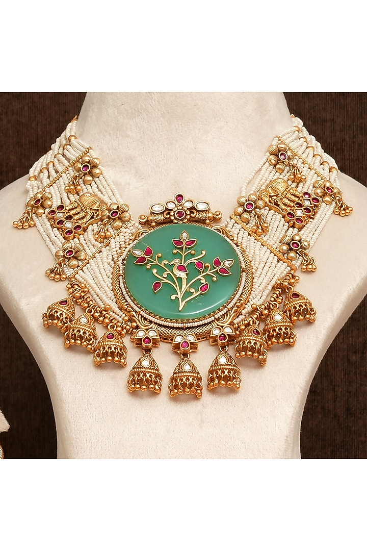 Gold Finish Kundan Polki & Pearl Necklace Set by Beryachi at Pernia's Pop Up Shop