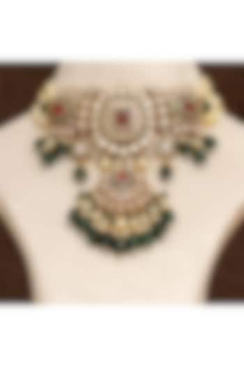 Gold Finish Multi-Colored Stone & Kundan Polki Necklace Set by Beryachi at Pernia's Pop Up Shop