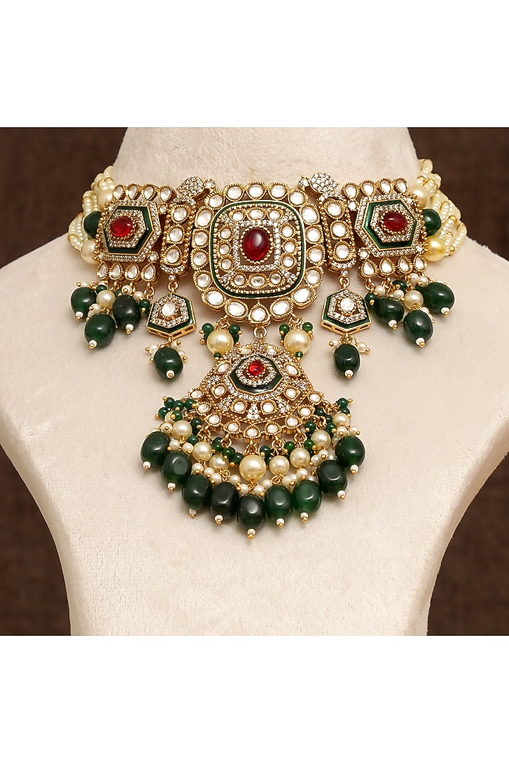Gold Finish Multi-Colored Stone & Kundan Polki Necklace Set by Beryachi at Pernia's Pop Up Shop