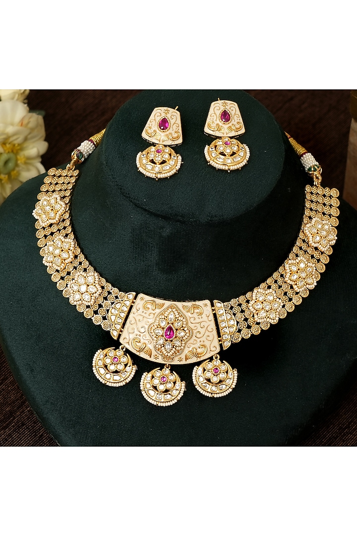 Gold Finish Kundan Polki & Meenakari Work Necklace Set by Beryachi at Pernia's Pop Up Shop
