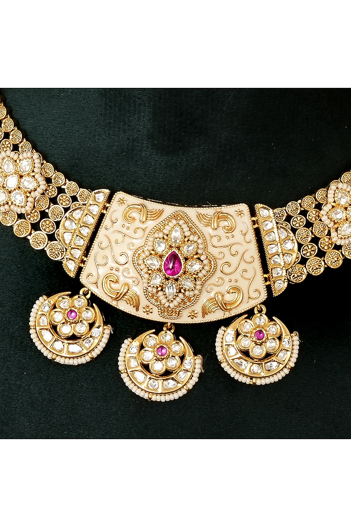 Gold Finish Kundan Polki & Meenakari Work Necklace Set by Beryachi at Pernia's Pop Up Shop