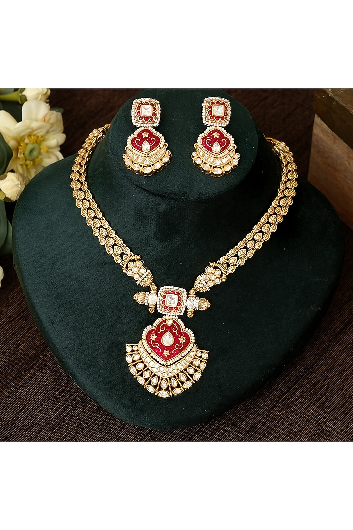 Gold Finish Kundan Polki Necklace Set by Beryachi at Pernia's Pop Up Shop