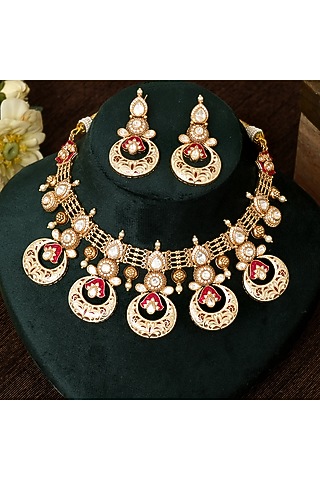Gold Plated Kundan Polki & Meenakari Work Necklace Set by Beryachi