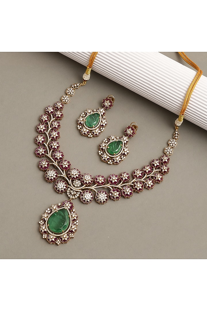 Gold Finish Ruby & Emerald Necklace Set by Beryachi at Pernia's Pop Up Shop