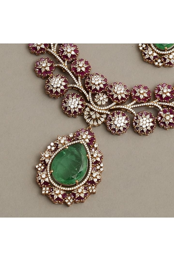 Gold Finish Ruby & Emerald Necklace Set by Beryachi at Pernia's Pop Up Shop