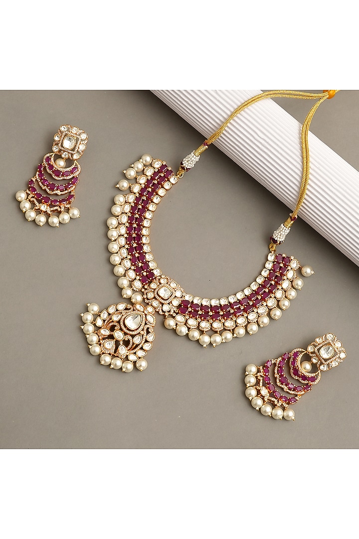 Gold Plated Kundan Polki & Ruby Necklace Set by Beryachi at Pernia's Pop Up Shop