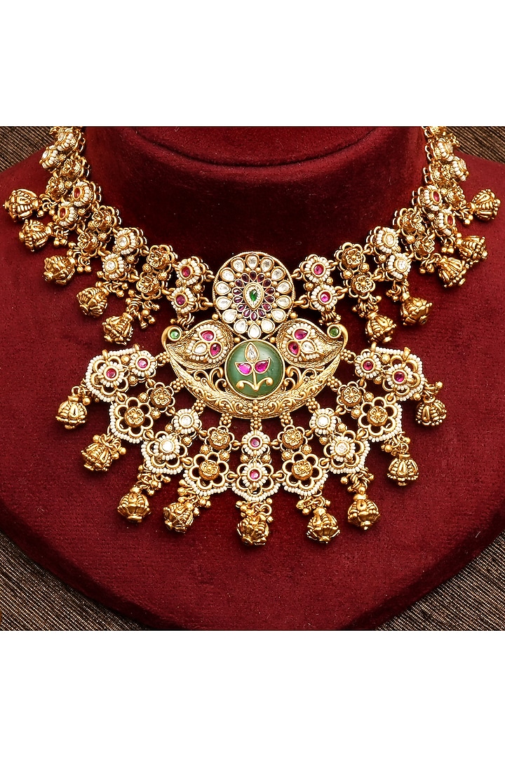 Gold Finish Multi-Colored Kundan Polki Necklace Set by Beryachi at Pernia's Pop Up Shop