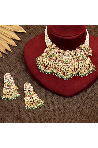 Gold Plated Multi-Colored Kundan Polki & Pearl Necklace Set by Beryachi