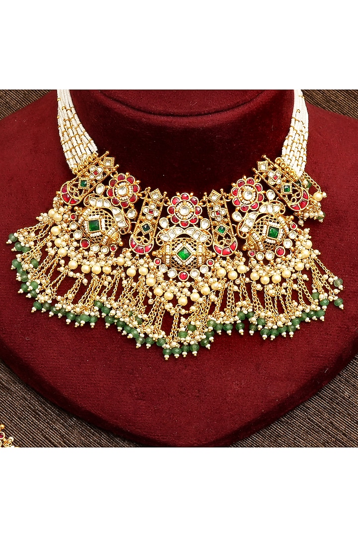 Gold Plated Multi-Colored Kundan Polki & Pearl Necklace Set by Beryachi at Pernia's Pop Up Shop