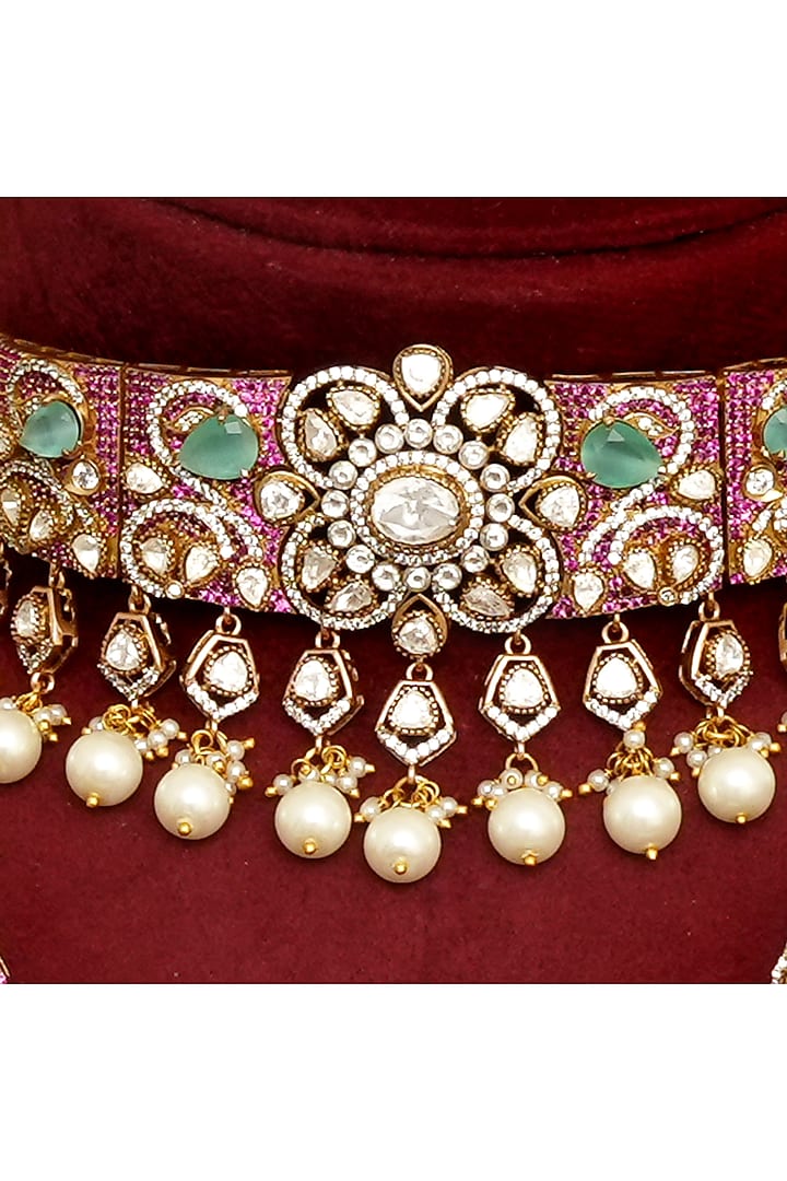 Gold Finish Kundan Polki & Ruby Choker Necklace Set by Beryachi at Pernia's Pop Up Shop