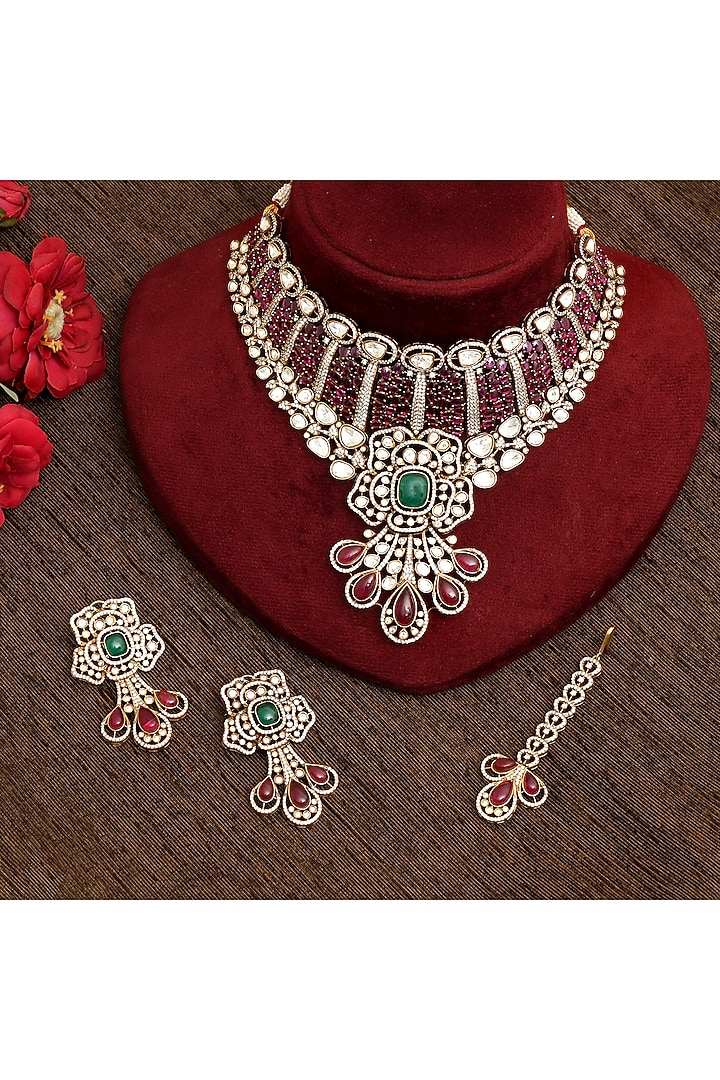 Gold Plated Kundan Polki & Ruby Necklace Set by Beryachi at Pernia's Pop Up Shop