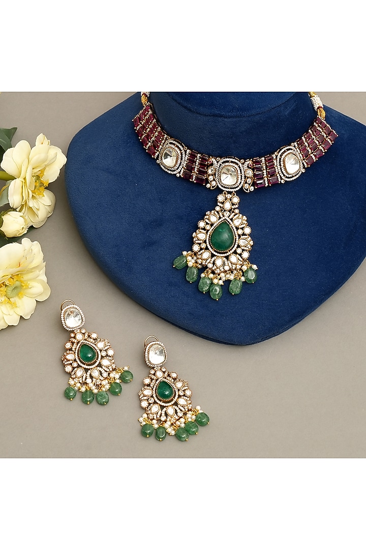 Gold Plated Kundan Polki & Ruby Necklace Set by Beryachi at Pernia's Pop Up Shop