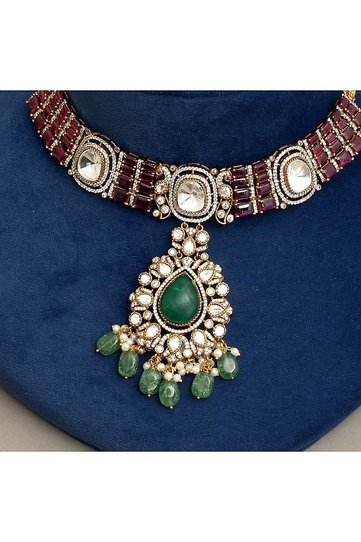 Gold Plated Kundan Polki & Ruby Necklace Set by Beryachi at Pernia's Pop Up Shop