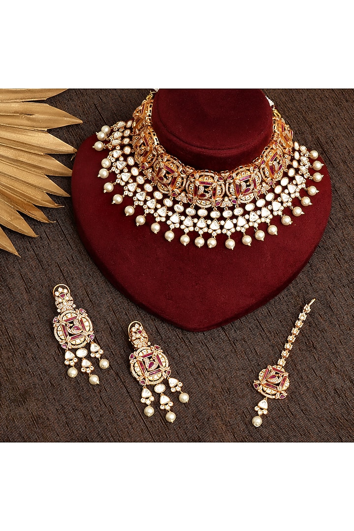 Gold Finish Multi-Colored Kundan Polki Choker Necklace Set by Beryachi at Pernia's Pop Up Shop