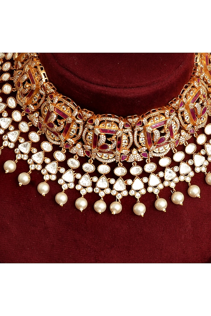 Gold Finish Multi-Colored Kundan Polki Choker Necklace Set by Beryachi at Pernia's Pop Up Shop