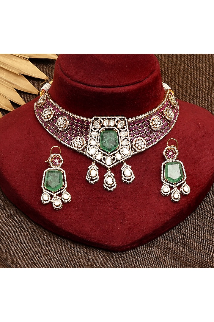 Gold Plated Kundan Polki & Ruby Choker Necklace Set by Beryachi at Pernia's Pop Up Shop
