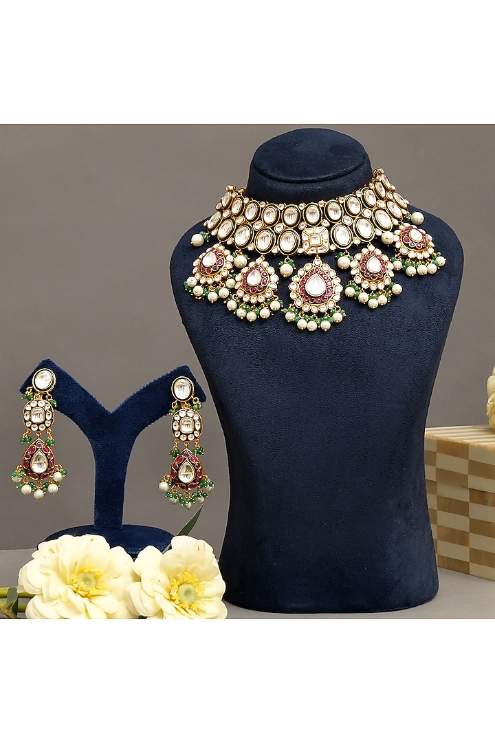 Gold Plated Kundan Polki & Pearl Choker Necklace Set by Beryachi at Pernia's Pop Up Shop