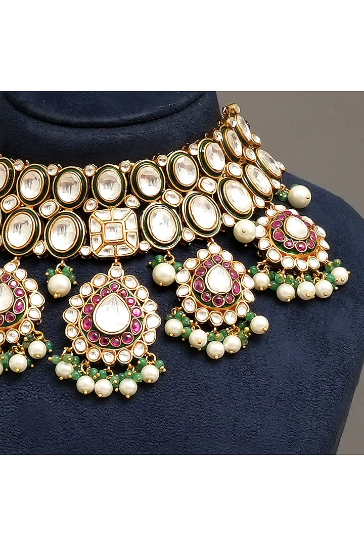 Gold Plated Kundan Polki & Pearl Choker Necklace Set by Beryachi at Pernia's Pop Up Shop