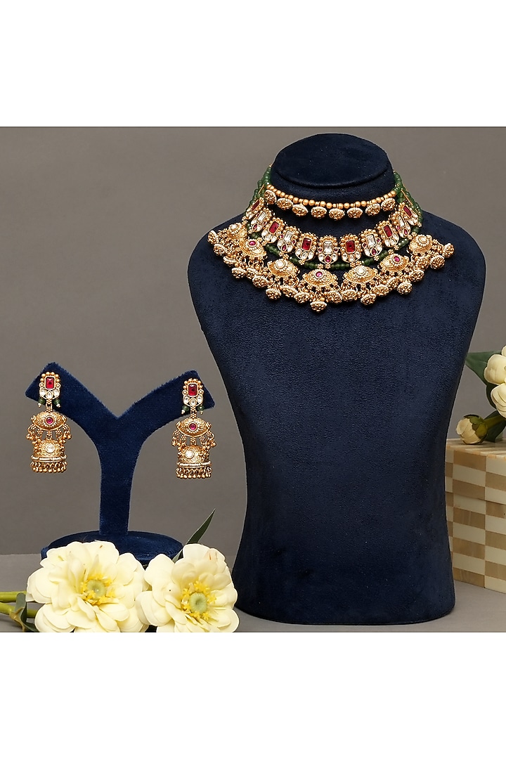 Gold Finish Multi-Colored Kundan Polki Necklace Set by Beryachi at Pernia's Pop Up Shop
