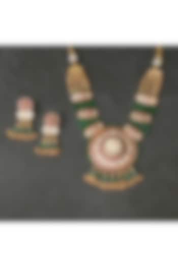 Gold Plated Kundan Polki & Ruby Pendant Necklace Set by Beryachi at Pernia's Pop Up Shop