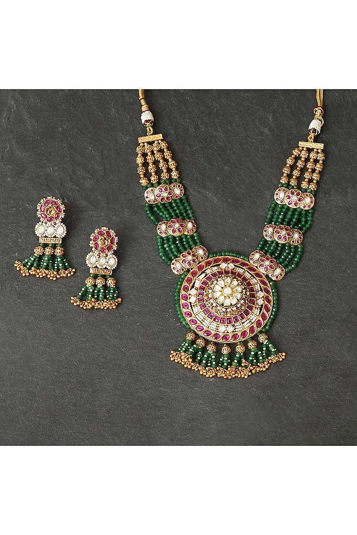 Gold Plated Kundan Polki & Ruby Pendant Necklace Set by Beryachi at Pernia's Pop Up Shop