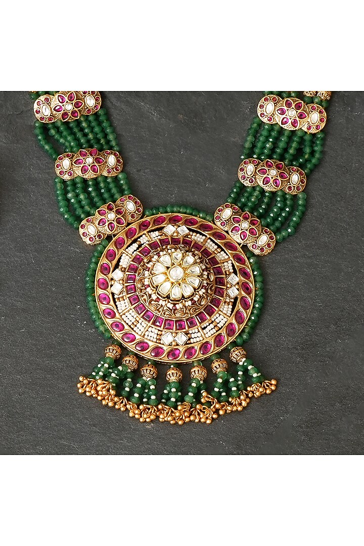 Gold Plated Kundan Polki & Ruby Pendant Necklace Set by Beryachi at Pernia's Pop Up Shop