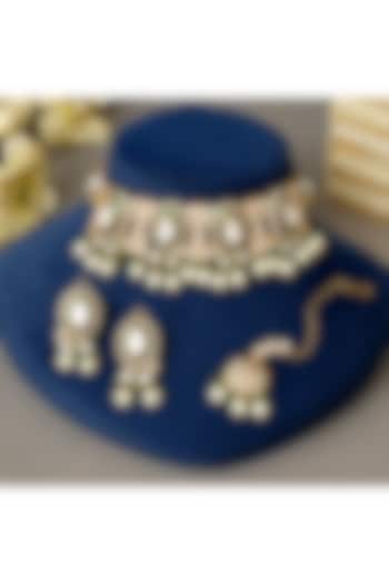 Gold Finish Kundan Polki & Pearl Meenakari Choker Necklace Set by Beryachi at Pernia's Pop Up Shop