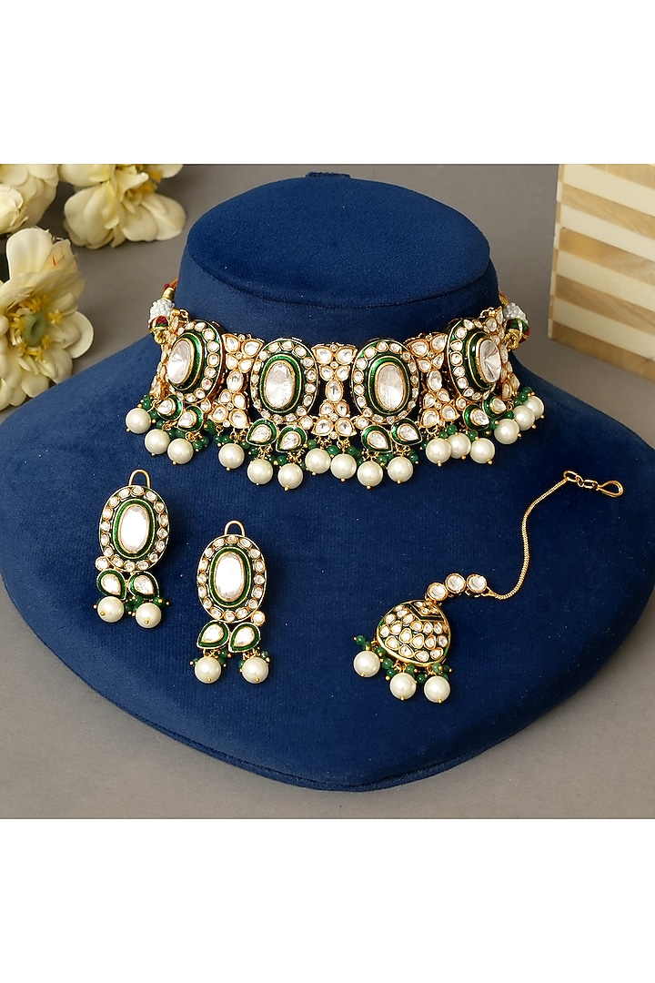 Gold Finish Kundan Polki & Pearl Meenakari Choker Necklace Set by Beryachi at Pernia's Pop Up Shop