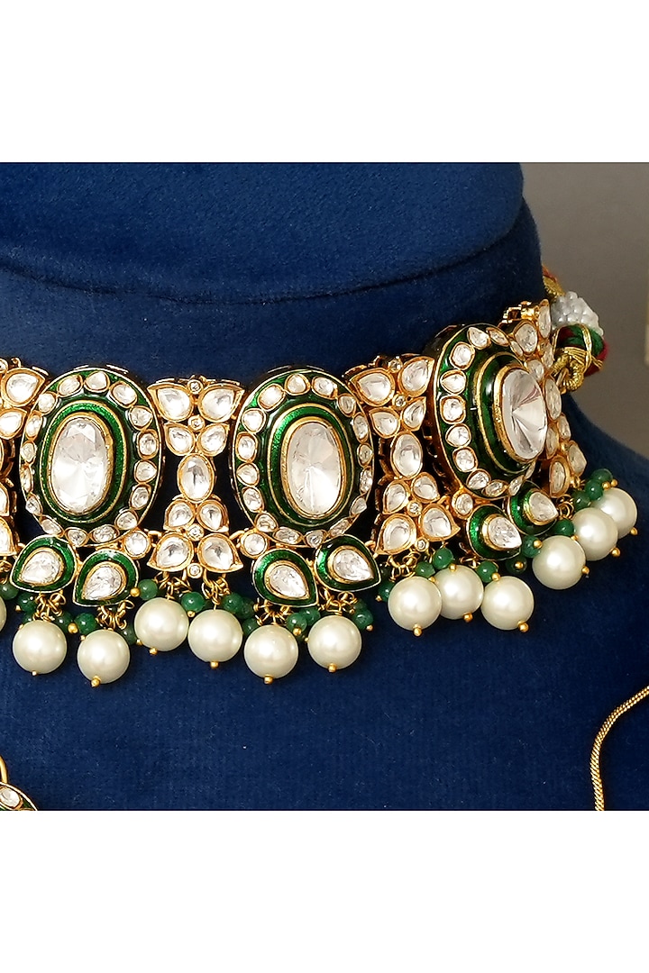 Gold Finish Kundan Polki & Pearl Meenakari Choker Necklace Set by Beryachi at Pernia's Pop Up Shop