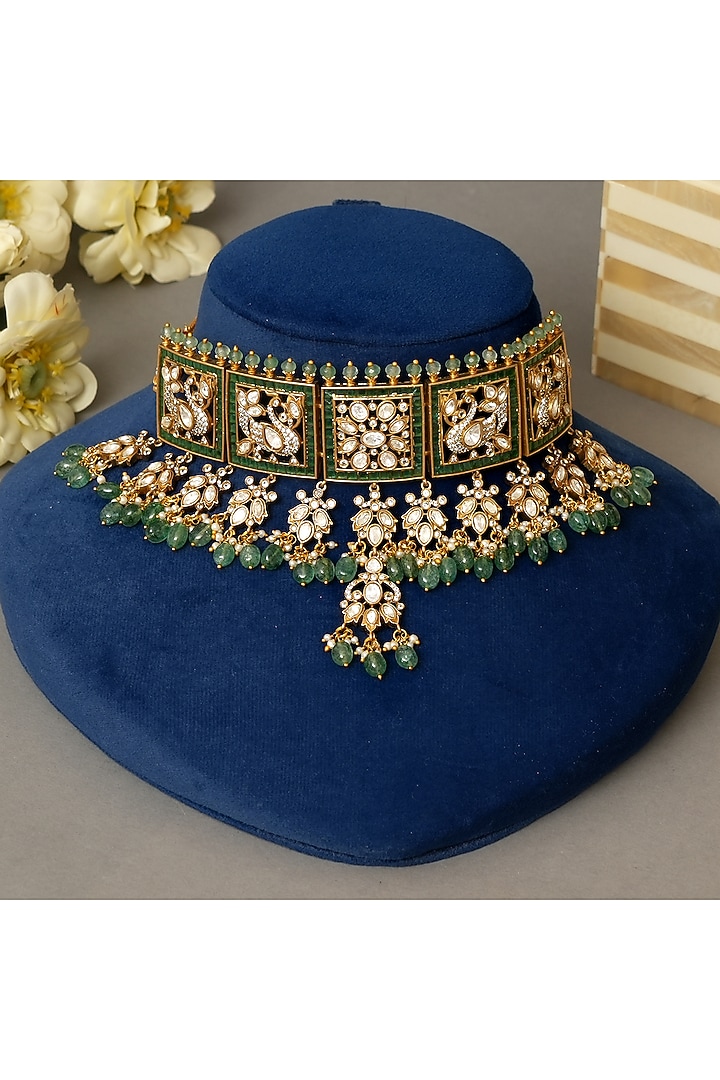 Gold Finish Kundan Polki & Pearl Choker Necklace Set by Beryachi at Pernia's Pop Up Shop