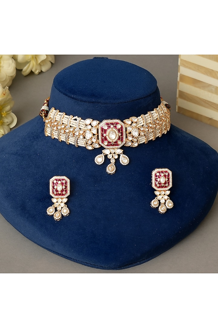 Gold Plated Kundan Polki & Ruby Choker Necklace Set by Beryachi at Pernia's Pop Up Shop