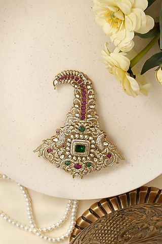 Gold Finish Multi-Colored Kundan Polki & Pearl Kalangi by Beryachi Men