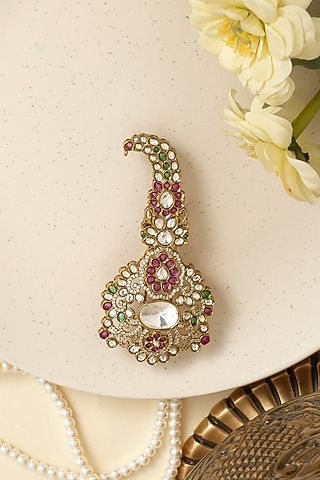 Gold Finish Multi-Colored Kundan Polki & Pearl Kalangi by Beryachi Men