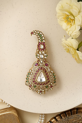 Gold Finish Multi-Colored Kundan Polki & Pearl Kalangi by Beryachi Men