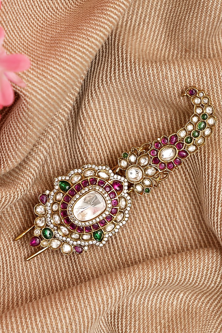 Gold Finish Multi-Colored Kundan Polki & Pearl Kalangi by Beryachi Men at Pernia's Pop Up Shop