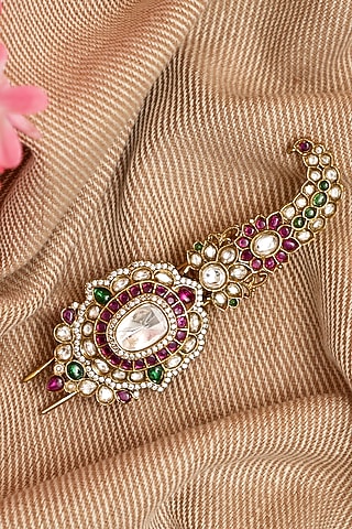 Gold Finish Multi-Colored Kundan Polki & Pearl Kalangi by Beryachi Men