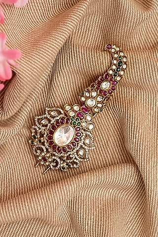 Gold Finish Multi-Colored Kundan Polki & Pearl Kalangi by Beryachi Men