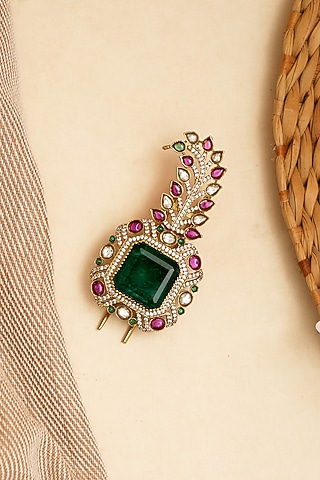 Gold Finish Multi-Colored Kundan Polki & Pearl Kalangi by Beryachi Men